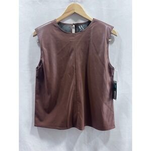 Worthington Womens Faux Leather Sleeveless Top Cognac Brown Keyhole Back Size M
